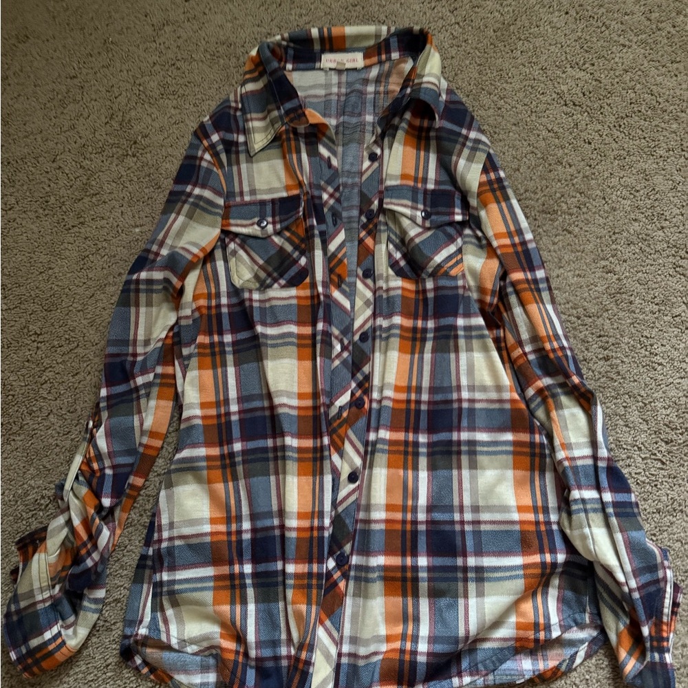 Urban Girl Nites Navy Orange Cream Plaid Button-Down Shirt